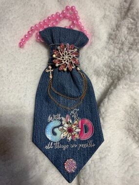 Denim Necklace with Pink Jeweled Accents